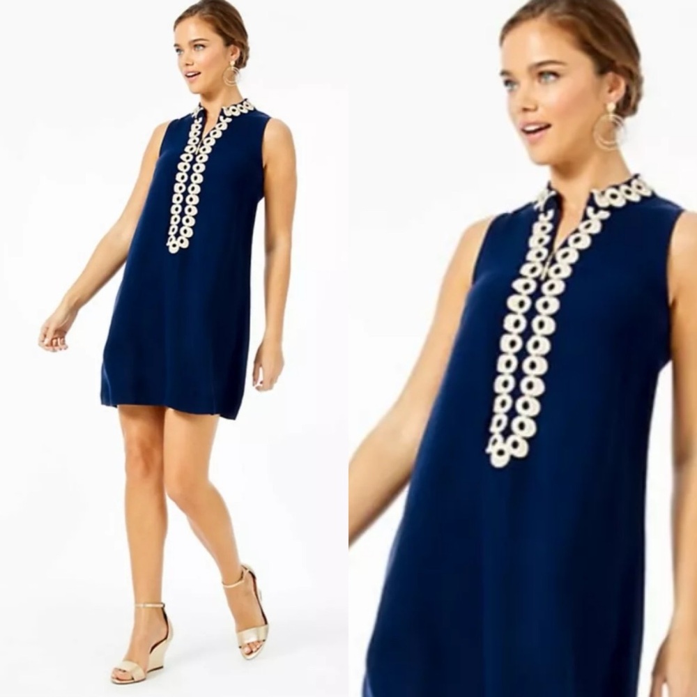 Lilly Pulitzer Jane‎ Shift Dress Gold Embellished Blue Halter Mini Dress Size 0